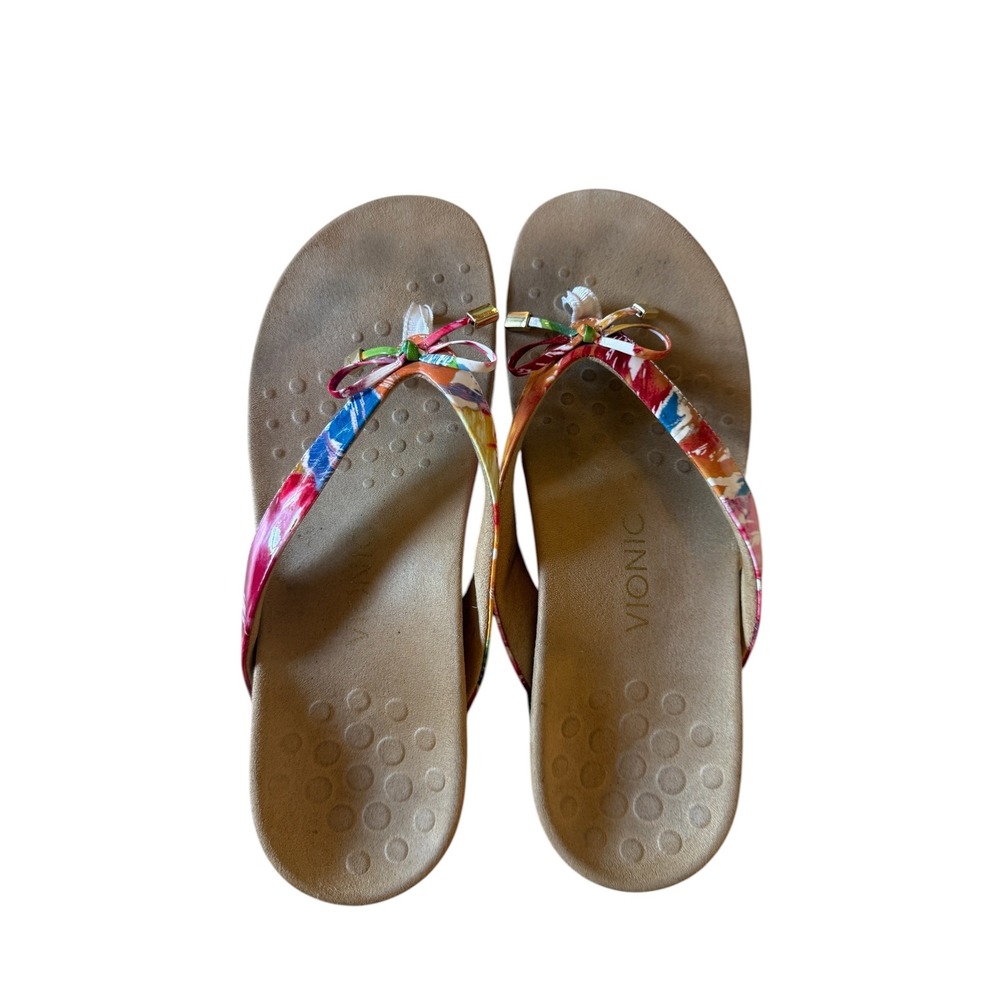 Vionic Bella Floral Thong Sandals Multi Color Bow Orthotic Flip Flops Size 9.5